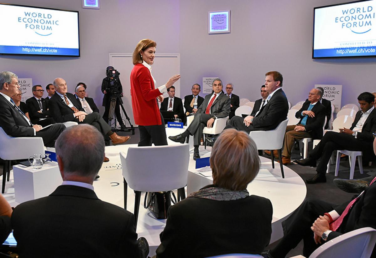 Prof Ngaire Woods moderating a debate at Davos 2015
