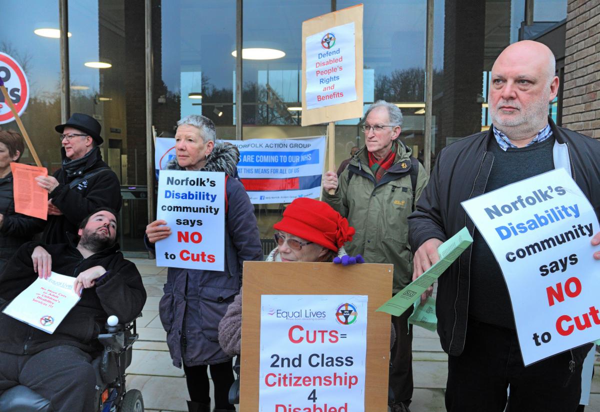 Protest outside County Hall Norwich against cuts to social care. Image credit: Roger Blackwell